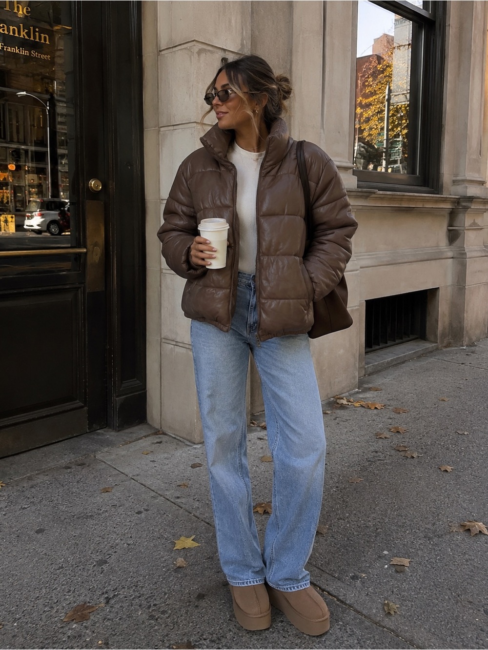 Women's Brown Quilted Puffer Jacket with High Collar